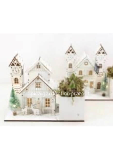 Villaggio di legno con luce e pianta 26 x 25 cm