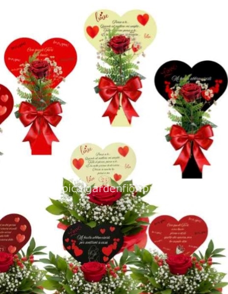 Rosa rossa con cuore dedica, gypsophila e verdi altezza 48 cm