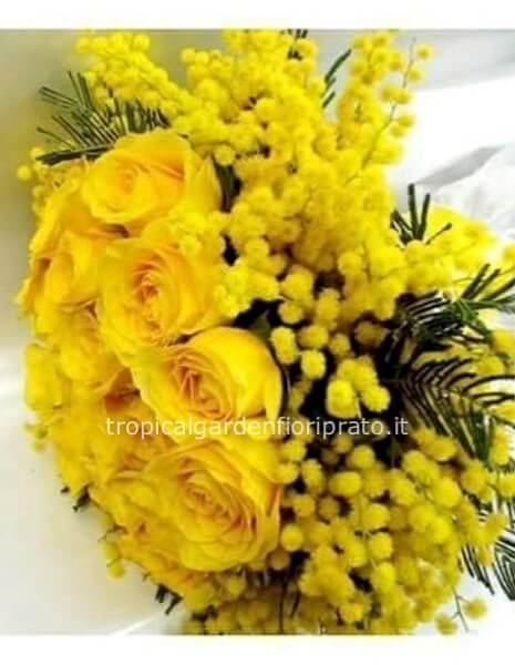 Bouquet essenziale rose gialle e mimosa