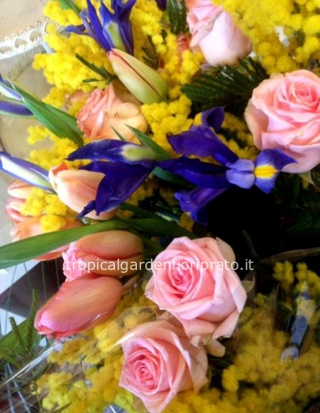 Bouquet essenziale rose tulipani iris e mimosa