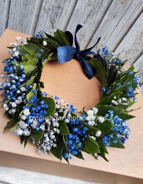 Coroncina alloro laurea con gypsophila bianca , blu o celeste