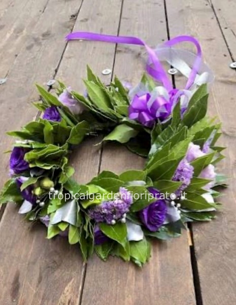 Coroncina alloro laurea viola con lisianthus