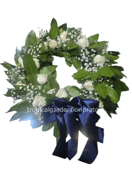 Corona alloro laurea plus con gypsophila, rose bianche e fiocco
