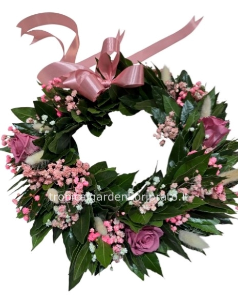 Coroncina Laurea alloro colore rosa antico con rose e gypsophila