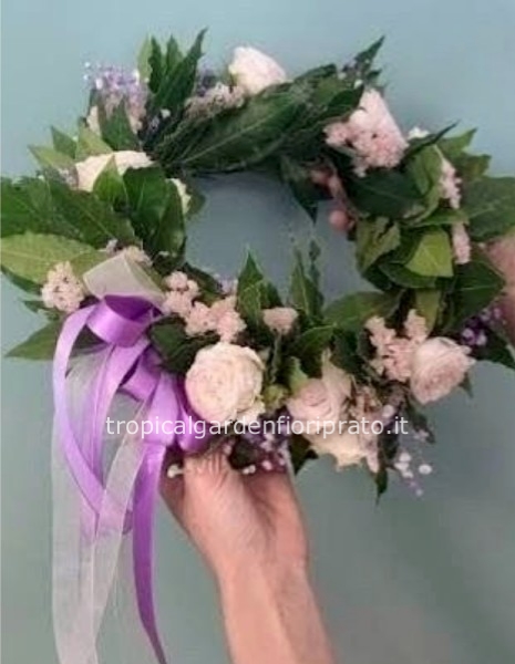 Coroncina Laurea con rose , statice e gypsophila