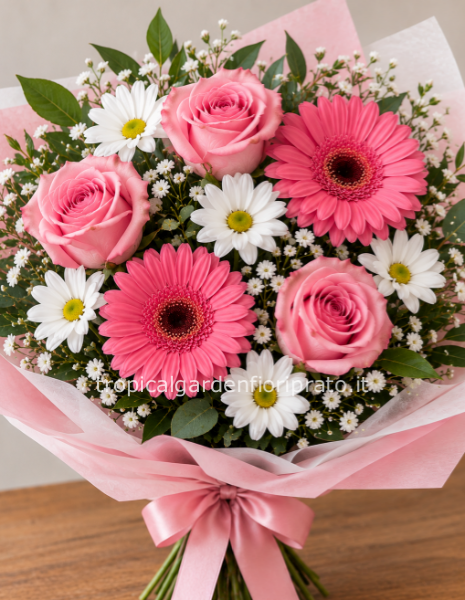 Bouquet con rose, gerbere e margherite - colore bianco e rosa