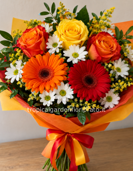 Bouquet con rose, gerbere e margherite - colore arancio, giallo e rosso